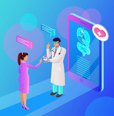 Kadın hasta karakter doktor ile online danışmanlık. Internet tıp yardım modern teknoloji kavramı. Vektör düz grafik tasarım izole illüstrasyon