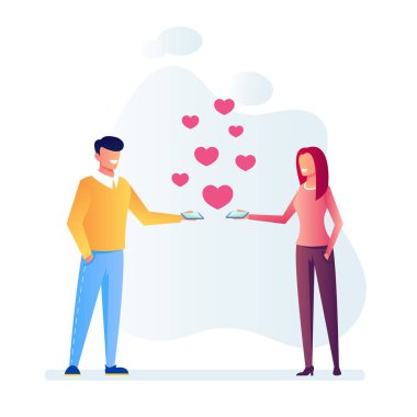 Tartışma smartphone ile konuşurken iki kişi kullanıcılar erkek ve kadın karakter Internet. Dating online canlı hizmet mobil uygulama grafik tasarlamak vektör düz çizgi film