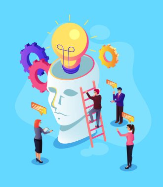 İnsanlar işadamı ofis işçi karakter birlikte yeni başlangıç proje çalışma grubu. İş fikri geliştirme inşaat kavramı. Vektör düz çizgi film grafik tasarım çizim