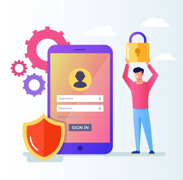 Internet güvenlik şifreleme, Vpn, gizlilik kişisel iş veri giriş şifre koruma koruma sistemi. Kullanıcı adam karakter kilit ile. Vektör düz çizgi film grafik tasarım çizim