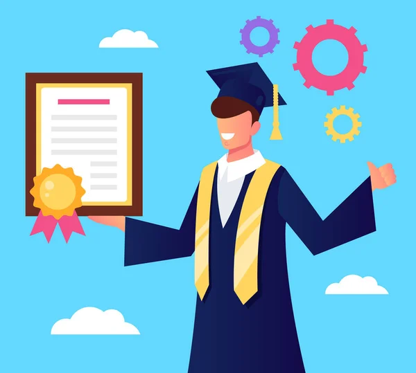 Gelukkig Lachend Universiteit Student Afgestudeerde Man Karakter Diploma Ontvangen Onderwijs — Stockvector