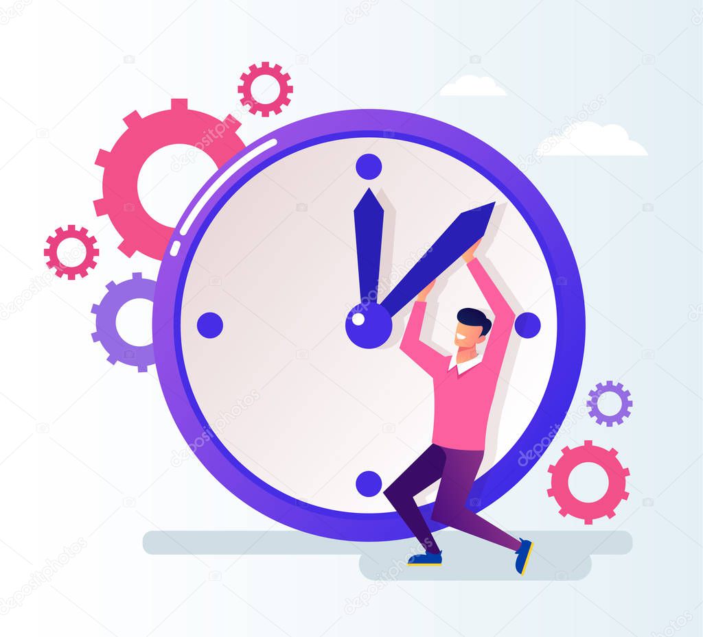 Office worker businessman man character push time back. Time organization concept. Vector flat cartoon graphic design illustration