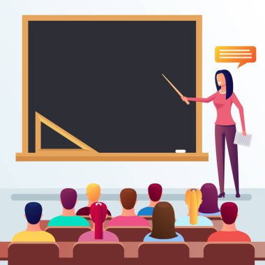 Mutlu gülümseyen genç öğretmen Profesör Üniversitesi öğretim öğrenci ve açıklama. Eğitim kavramı. Vektör düz çizgi film izole grafik tasarım çizim