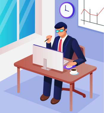 İşadamı office çalışan Yöneticisi çalışan adam patron karakter sabah Ofis İşyeri çalışma alanında çalışan. Çalışma günü kavramı. Vektör düz çizgi film izole grafik tasarım çizim
