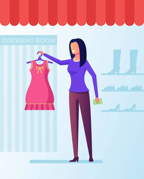 Ευτυχής Χαμογελαστοί Shopaholic Γυναίκα Καταναλωτή Επιλέγοντας Φόρεμα Και Προσπαθεί Ψώνια — Διανυσματικό Αρχείο