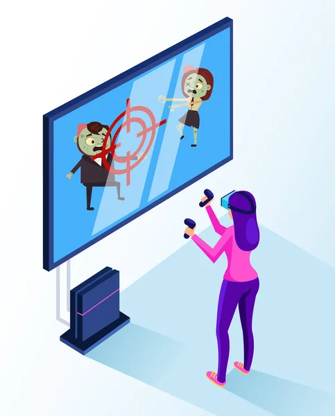 Kadın karakter kask ve gözlük sanal gerçeklik içinde bilgisayar oyunu oynamak. Modern teknoloji kavramı. Vektör düz çizgi film izole grafik tasarım çizim
