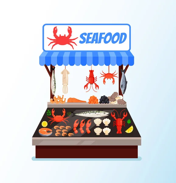 Balık Deniz Ürünleri Sokak Mağaza Pazar Taze Dolu Vektör Düz — Stok Vektör