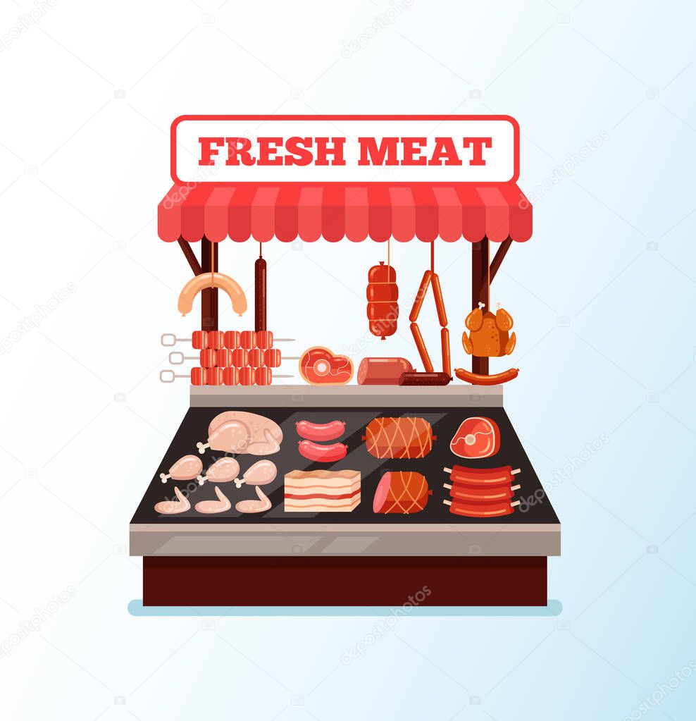 Fish meat butcher street store market full of fresh meat goods. Vector flat cartoon graphic design isolated illustration