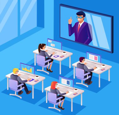 İş insanlar ofis çalışanları Yöneticisi karakter tartışma iletişim tarafından video konferans tarafından söz monitör tv internet. Online Seminer teknoloji. Vektör düz çizgi film izole grafik tasarım çizim