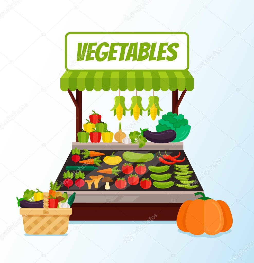 Fresh vegetable street store market full of fresh vegetables. Vector flat cartoon graphic design isolated illustration