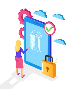 Kadın Kullanıcı karakter parmak yazdırma düğmesi tanıma biyometrik şifre koymak. Dokunmatik kimliği kavramı kilidini. Vektör düz çizgi film grafik tasarım illüstrasyon izole