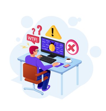 Kullanıcı adam programcı karakter hata iletisi bilgisayar hata virüs pc monitör ekranında alırsınız. Online kişisel veri koruma kavramı. Vektör düz çizgi film grafik tasarım illüstrasyon izole
