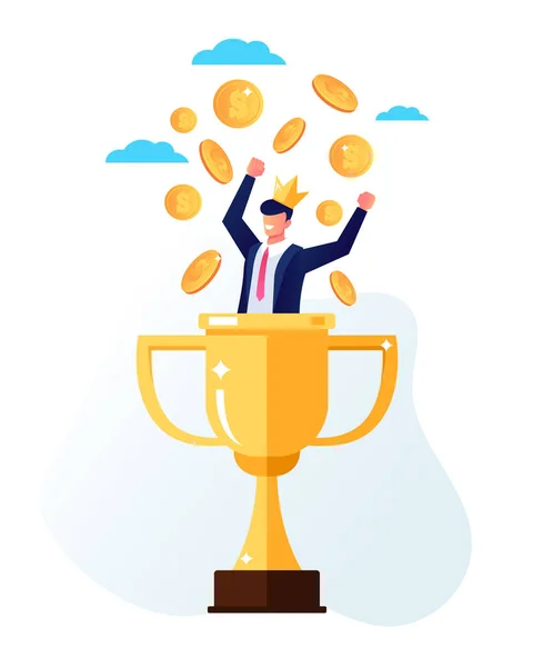 Ευτυχής Χαμογελαστοί Επιτυχημένος Επιχειρηματίας Γραφείο Εργαζόμενος Χαρακτήρα Κάθεται Χρυσό Κύπελλο — Διανυσματικό Αρχείο