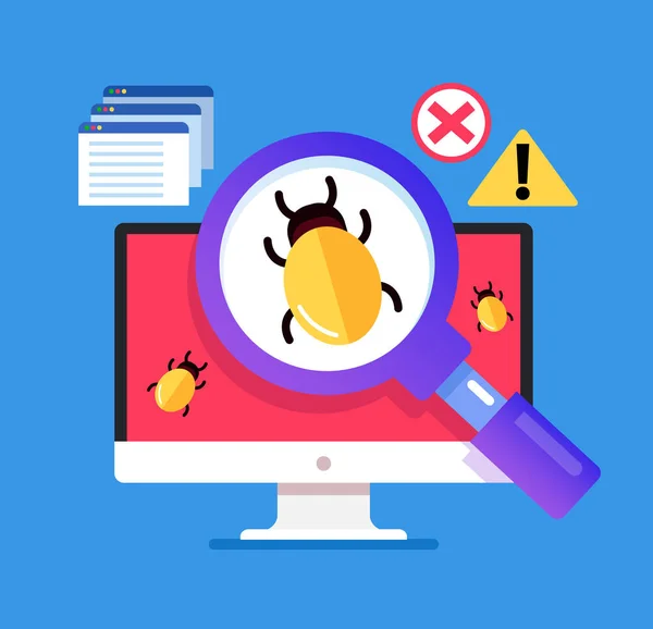 Magnifier Ricerca Bug Malware Computer Concetto Virus Errore Internet Vettore — Vettoriale Stock