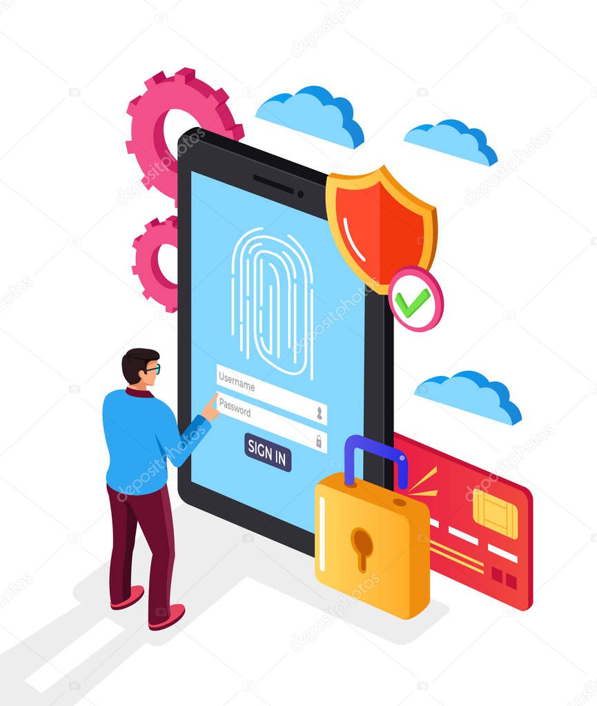 Man user character put finger print button recognition biometric password mobile payment. Touch id unlock concept. Vector flat cartoon isolated graphic design illustration