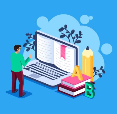 İş adam öğrenci karakter ayakta ve Internet dizüstü pc bilgisayar tarafından kitap okuma. Online eğitim Kütüphane kavramı. Vektör düz izole illüstrasyon karikatür