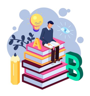 Kitap okuma ve büyük kitap yığının üstüne oturan mutlu gülümseyen öğrenci erkek çocuk karakter. Eğitim öğrenme kavramı okudum. Vektör düz izole illüstrasyon karikatür