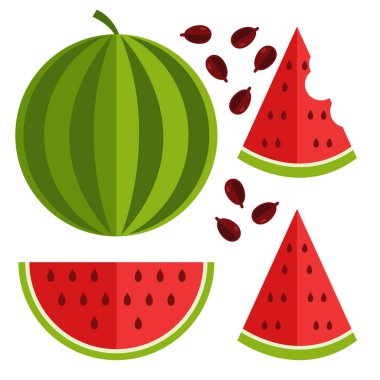 Karpuz meyve kesme farklı parçası. Taze meyve kavramı. Vektör düz çizgi film tasarım grafik illüstrasyon simgesi