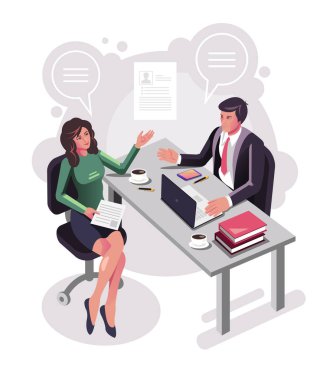 Aday kadın office alt karakter tablo hedef çalışma alanı üzerinde oturan patron ile görüşme. İşe Alım baş avcılık insan kaynakları insan kaynakları izometrik kavramı. Vektör düz çizgi film grafik tasarım çizim