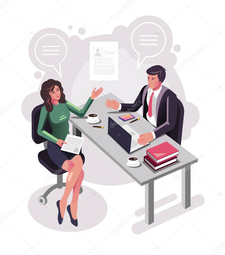 Candidate woman office worker character interviewing with boss sitting on table dest workplace. Recruitment head hunting human resources hr isometric concept. Vector flat cartoon graphic design illustration