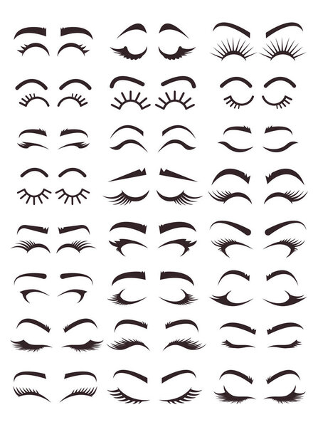 Different types variation of eyebrows and eyelashes models. Black line icons illustration isolated graphic design set. Beauty industry concept