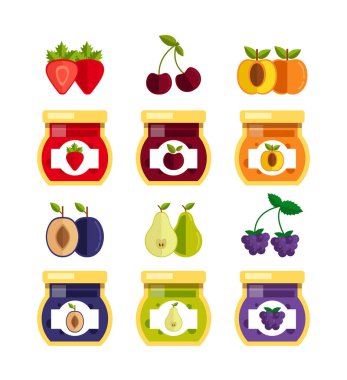 Farklı reçel kavanoz berry tatlı yiyecek. Vektör düz çizgi film izole Grafik Tasarım Icon illüstrasyon set