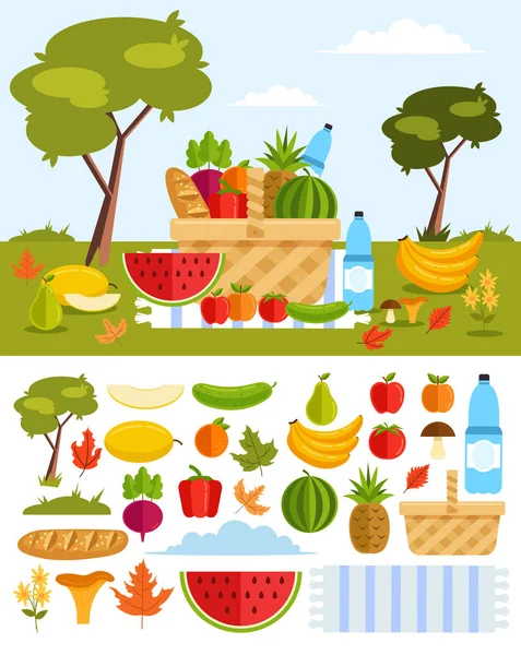 健康食品果物野菜飲料分離アイコンのコレクションを設定します バスケット食品のコンセプトと草原でピクニック ベクトル フラット漫画グラフィック デザイン イラスト — ストックベクタ