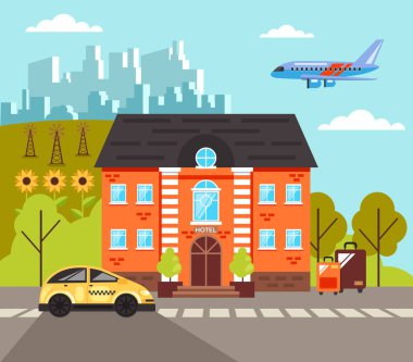 Sarı taksi taksi araba ayakta otel binası yakınında. Seyahat tatil yolculuk kavramı. Vektör düz çizgi film grafik tasarım çizim