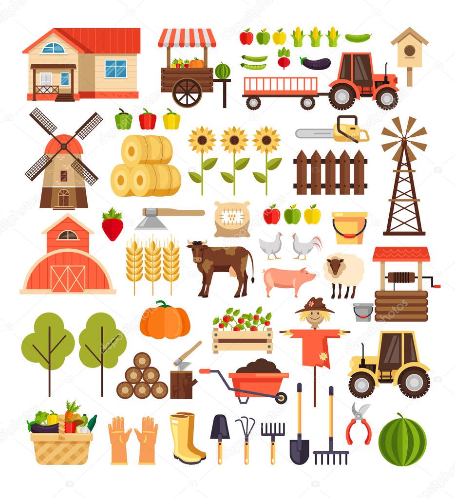 Agriculture farming harvesting nature agronomy design graphic flat cartoon sign symbol icon isolated set