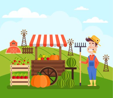 Mutlu gülümseyen çiftçi Yerel satıcı karakter ayakta dükkânının yakınında depolamak ve meyve ve sebze satmak. Çiftlik tarım kavramı. Grafik afiş tasarlamak vektör düz çizgi film