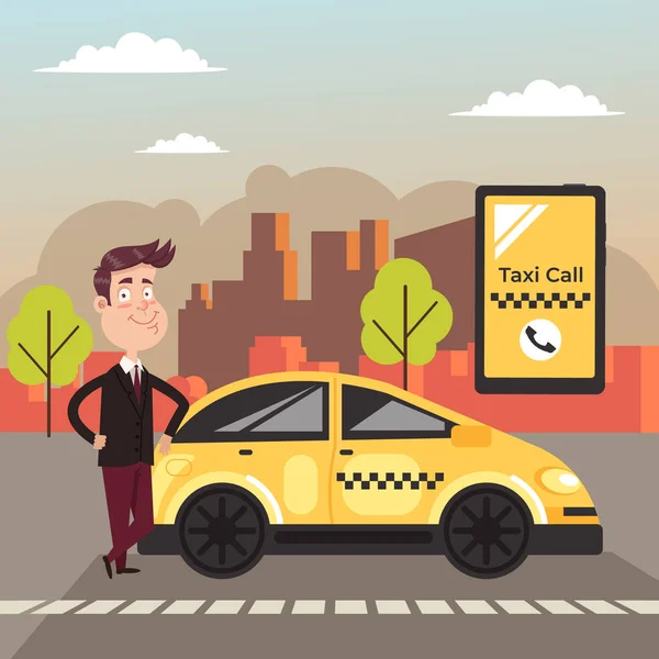 Glücklich Lächelnde Fahrerfigur Neben Gelbem Taxiwagen Und Wartendem Passagier Taxi — Stockvektor