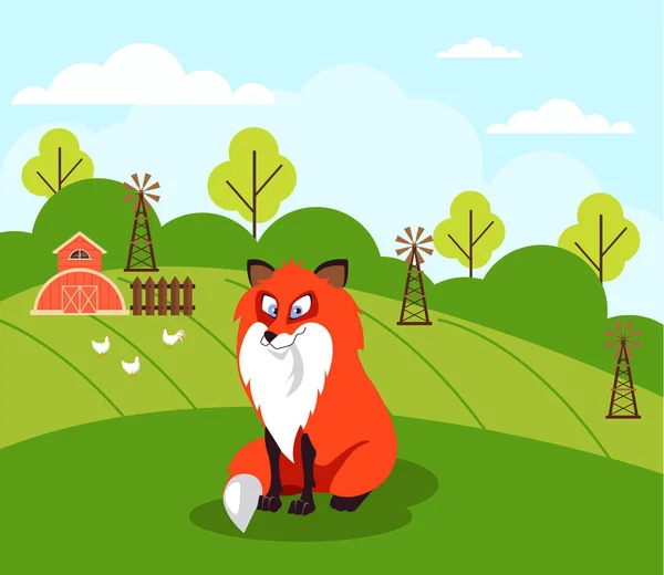 Schattig Fox Karakter Zondigen Boerderij Weide Natuur Bos Vectorillustratie Ontwerp — Stockvector