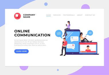 İnsanlar manifatura ileti online smartphone laptop internet sosyal ağ tarafından ve birbirlerini takip grubu. Teknoloji iletişim web sayfası kavramı. Vektör düz çizgi film afiş poster illüstrasyon izole