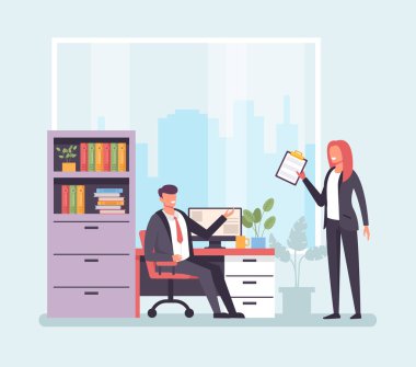 İş kadın ofis işçi karakter patrona rapor evrak getirmek. Office hayat kavramı. Vektör düz çizgi film grafik tasarım çizim