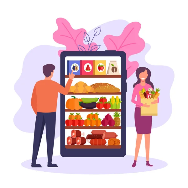 Emberek Fogyasztók Férfi Karakter Kiválasztásában Termékek Élelmiszer Smartphone Online Élelmiszer — Stock Vector