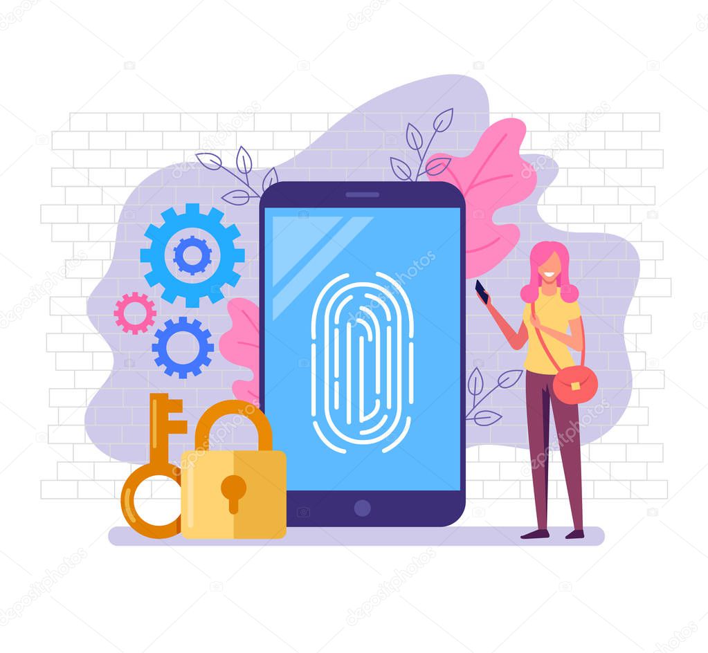 Fingerprint identity sensor banner poster home page web site modern technology illustration concept. Vector flat cartoon graphic design illustration