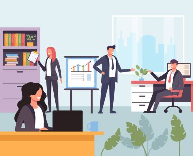 İşadamları Ofis çalışanları birlikte çalışan kadın ve erkek insanlar. Office soyut hayat kavramı. Vektör tasarım grafik düz izole illüstrasyon karikatür