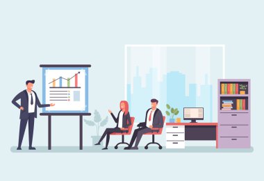 İş insanlar ofis işçi karakter Office ve tartışma iş toplantı planlayın. Başarılı iş ofis hayat kavramı. Vektör tasarım grafik düz izole illüstrasyon karikatür