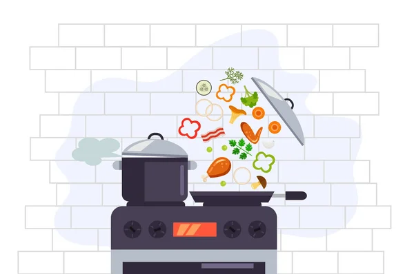 Jídlo Vaření Připravující Kulinářská Vektorové Ilustrace Byt Grafický Design Webové — Stockový vektor