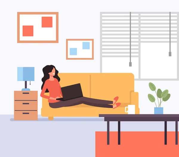 Happy Smiling Freelancer Woman Character Sitting Sofa Working Freelance Home — Stock Vector