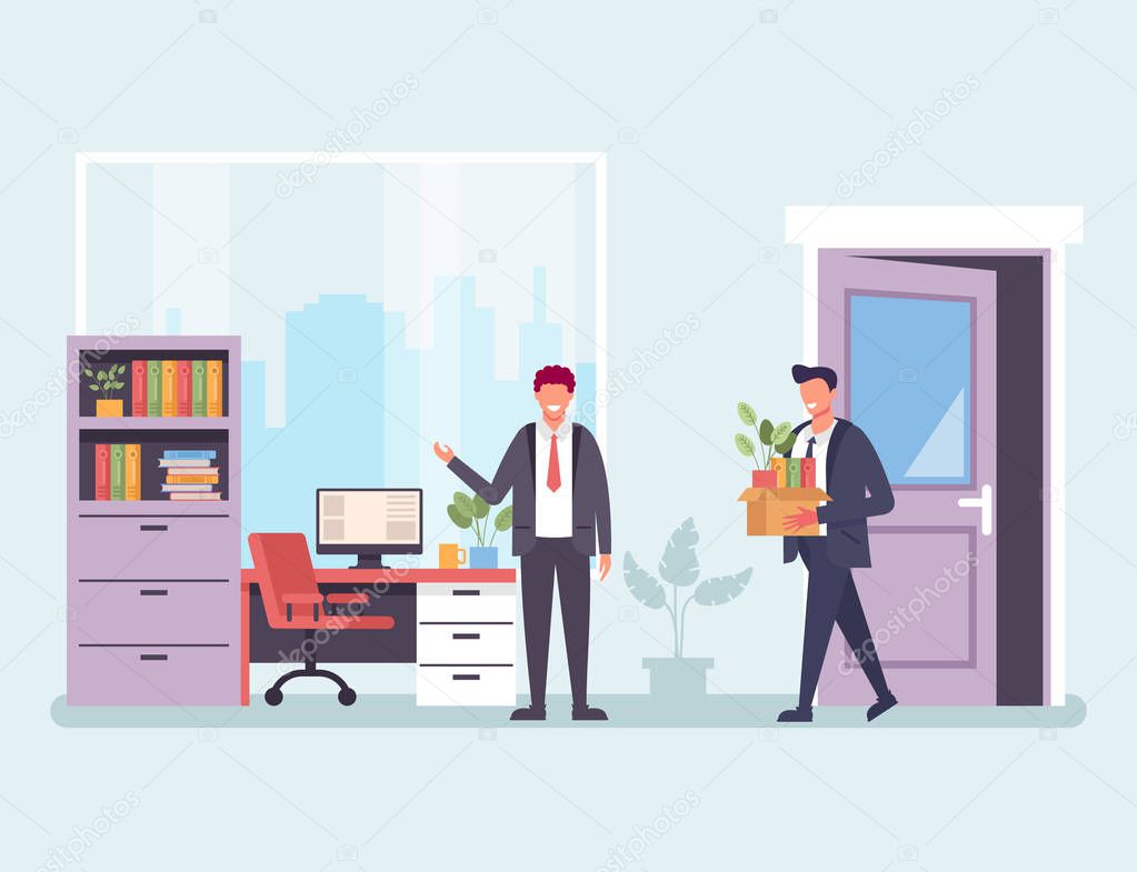 Business man office worker character get new job. Hiring human resources finding work concept. Vector design graphic flat cartoon isolated illustration