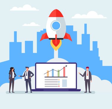 İş Ream ofis işçileri karakter geliştirme yeni proje. Yeni iş konsepti başlatın. Vektör düz grafik illüstrasyon izole karikatür tasarım