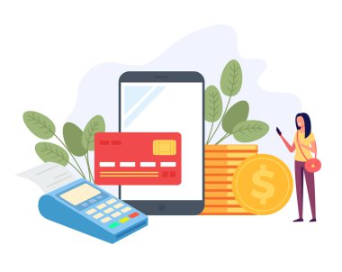 Terminal tarafından online satın alma ödeme kadın karakter. E-ticaret ödeme iş kavramı. Vektör düz grafik illüstrasyon izole karikatür tasarım