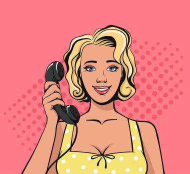 Telefon ve çağrı tutan kadın. Eski moda retro tarzı kavramı. Vektör düz grafik illüstrasyon izole karikatür tasarım
