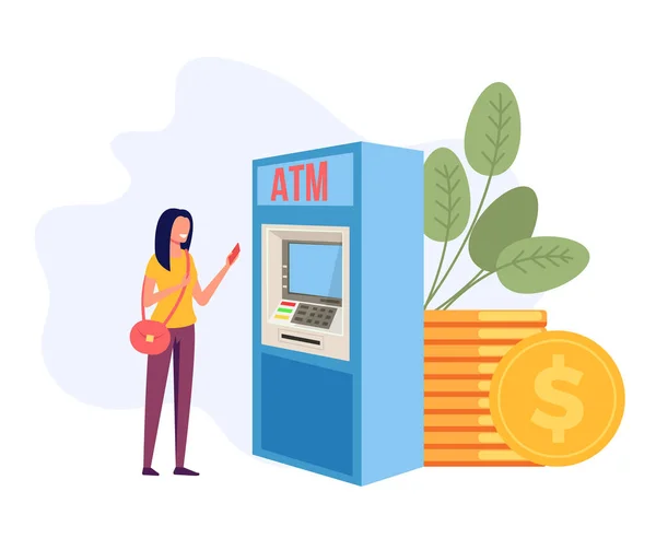 Ženská Postava Stojící Blízko Bankomatu Pokouší Vybrat Peníze Finanční Koncepce — Stockový vektor