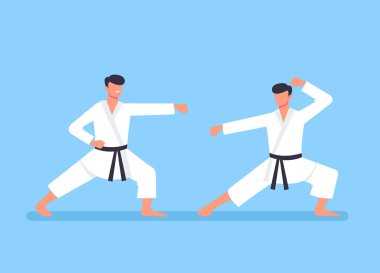 İki spor karate adam karakter mücadele. Spor eğitim konsepti. Vektör düz karikatür grafik tasarım illüstrasyon