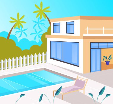 Yüzme havuzu ile tatil ev evi. Tatil yaz gezisi konsepti. Vektör düz karikatür grafik tasarım illüstrasyon