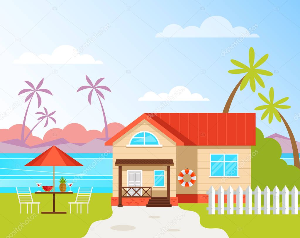 Resort house building rent near beach sea ocean seaside cost. Holiday vacation travel concept. Vector flat cartoon graphic design illustration