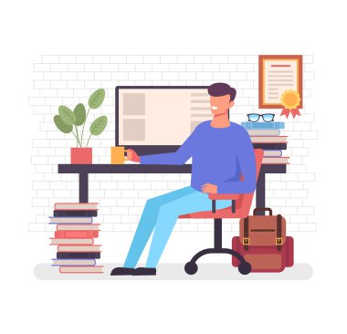 Mutlu gülümseyen serbest işçi adam karakter bilgisayarkahve içme ve dinlenmek oturan. Ev işyeri çalışma alanı kavramı. Vektör düz karikatür grafik tasarım illüstrasyon