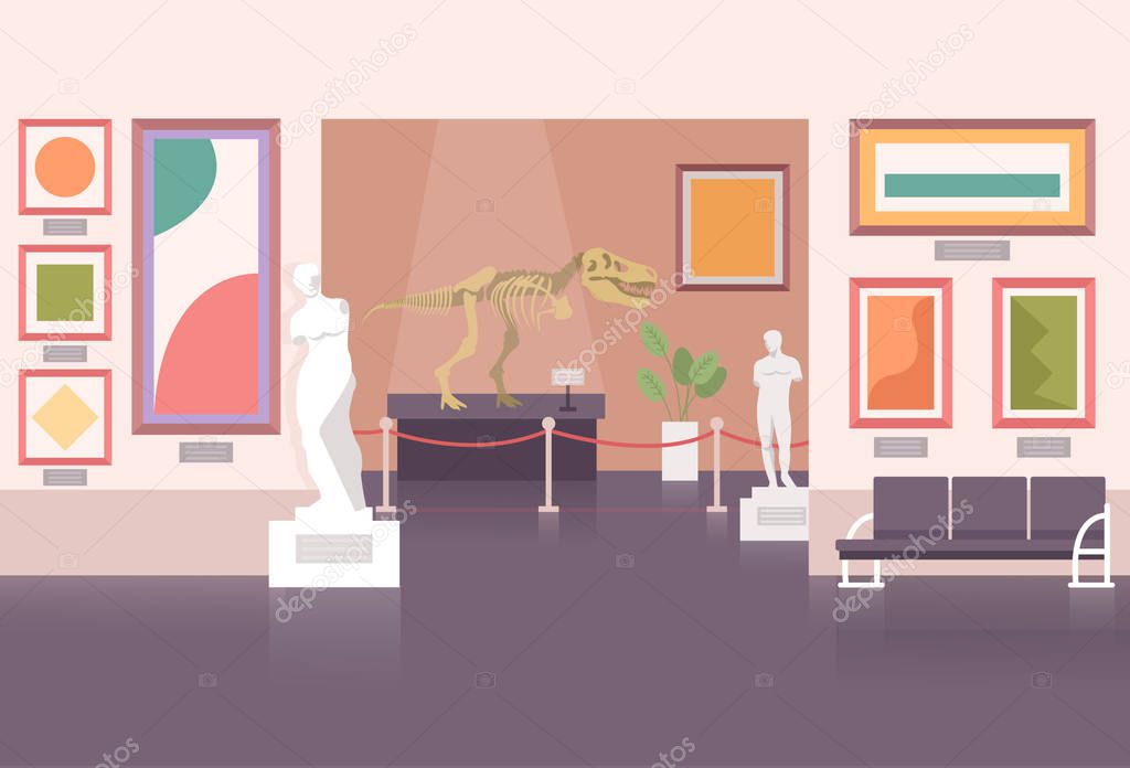 Empty museum room hall with paintings and ancient statue. Historical composition exhibition concept. Vector flat graphic design illustration
